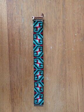 Handmade Southwestern Loom Woven Seed Bead Bracelet Cuff Turquoise Red NM